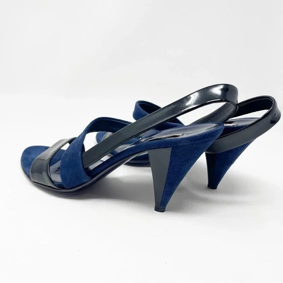 Miu Miu Navy Black Suede Patent Leather Slingback Sandals Heels 39.5 - Picture 8 of 11